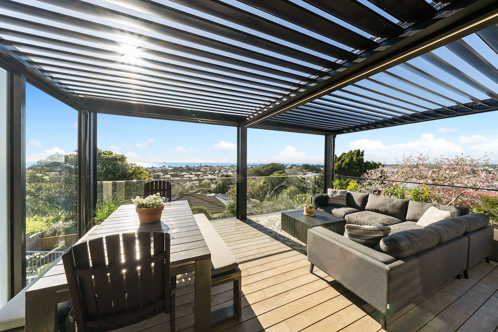 Changeable Louvre system, decking timber, with fantastic views of the sea